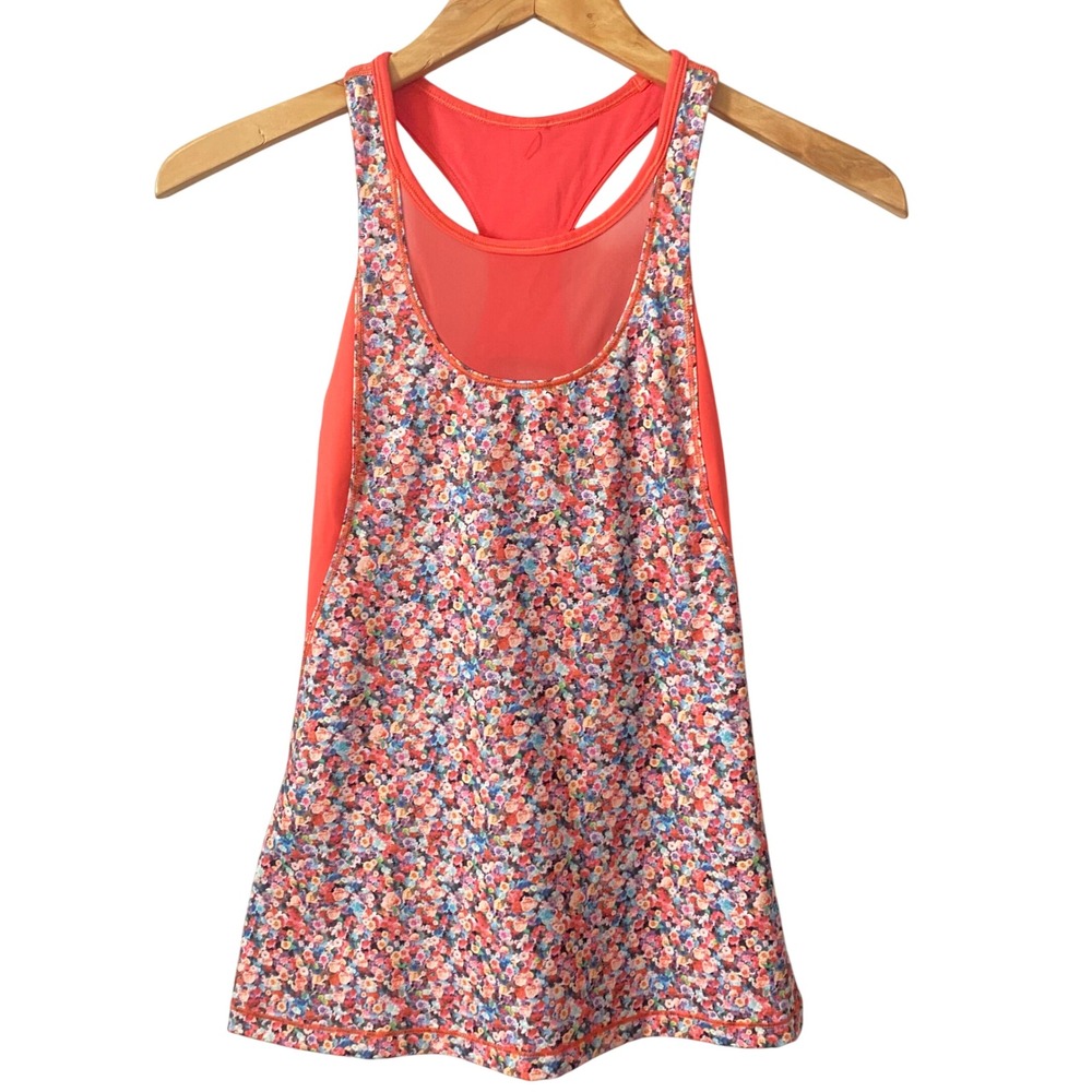 Lululemon‎ Mesh With Me Size 4 Floral Racerback Tank Top Orange Red